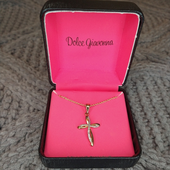 NIB Dolce Giavonna Gold Tone Genuine Diamond Cross Necklace - Picture 2 of 4